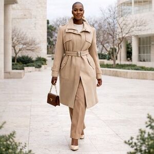 Kenneth Cole New York Belted Wool Coat, Timeless Camel Cream Neutral, Size 14